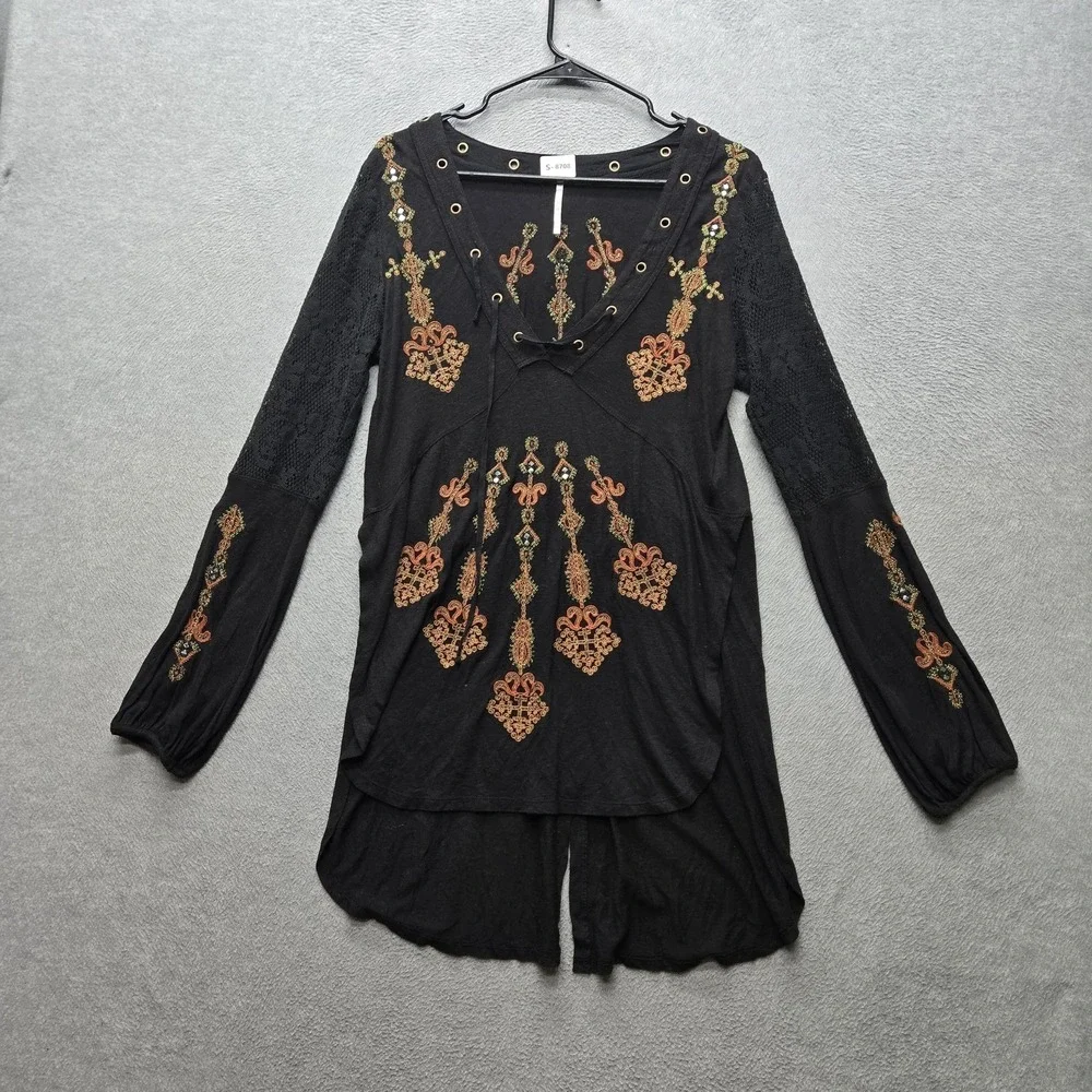 Free People Women Blouse M Black Linen Festival Boho Fairy Grunge Whimsigoth Y2K